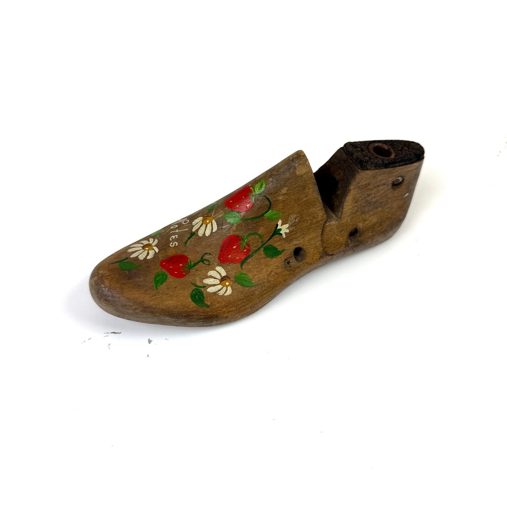 Vintage Hand Painted Wooden Shoe Form Strawberry Daisy Folk Art Decor